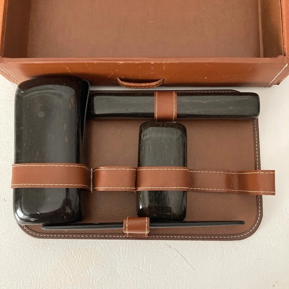 Leather Toiletry Kit Top Grain Leather W/ Faux Tortoise Boxes and Containers